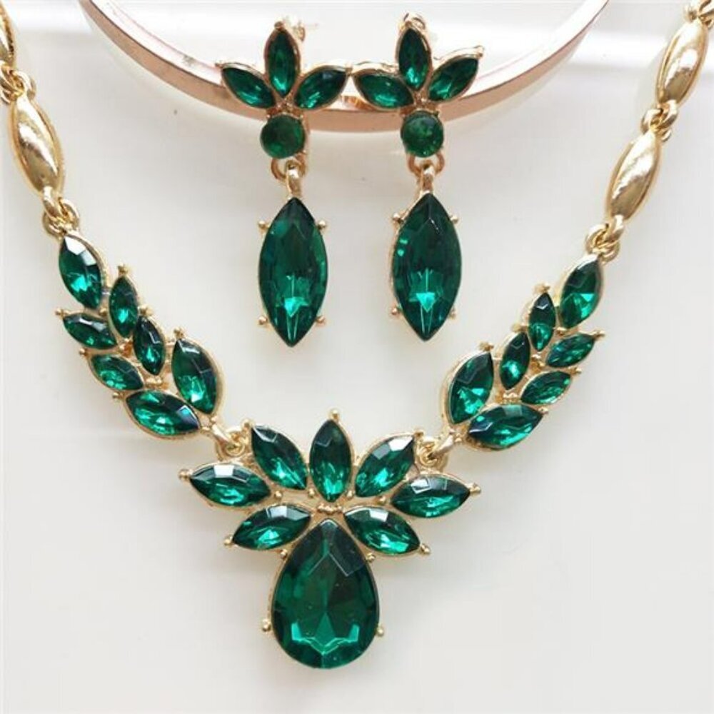 Green Necklace Earrings Set Bridal Jewelry Set Prom Rhinestone Necklace Sets